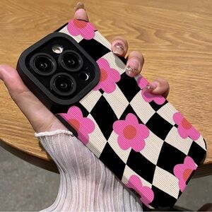 iPhone 15 PRO Phone Case Silicone Pink Flowers on Black Checkerboard Pattern